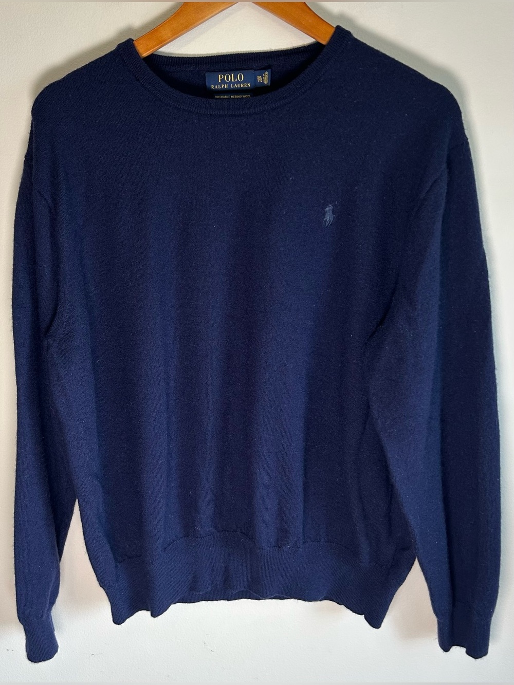 Polo Ralph Lauren Men’s Knit Sweater XXL Fits XL Navy Blue Washable Merino Wool